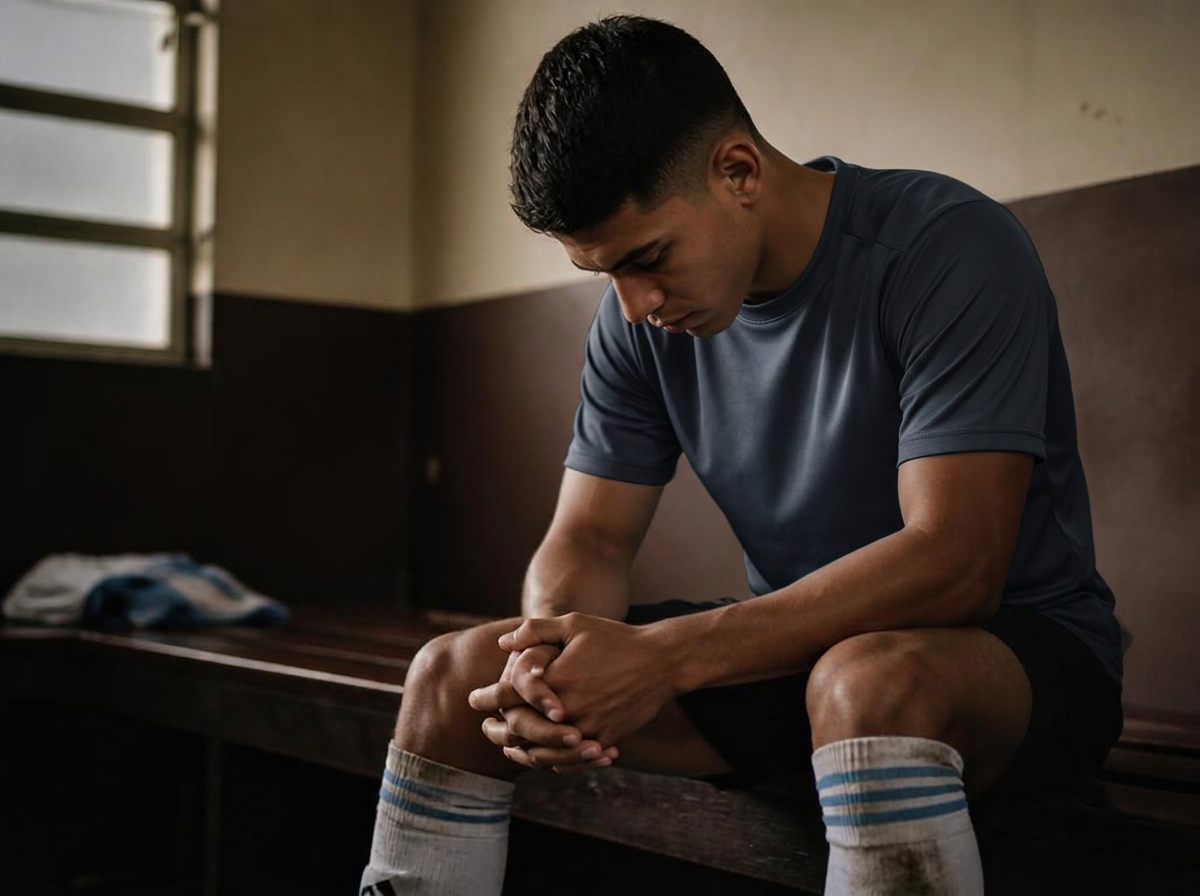 Deportista sentado en el vestuario, cabizbajo, minutos antes de competir