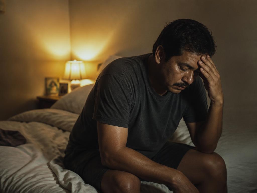 Deportista sentado al borde de la cama de madrugada, sin poder dormir antes de competir