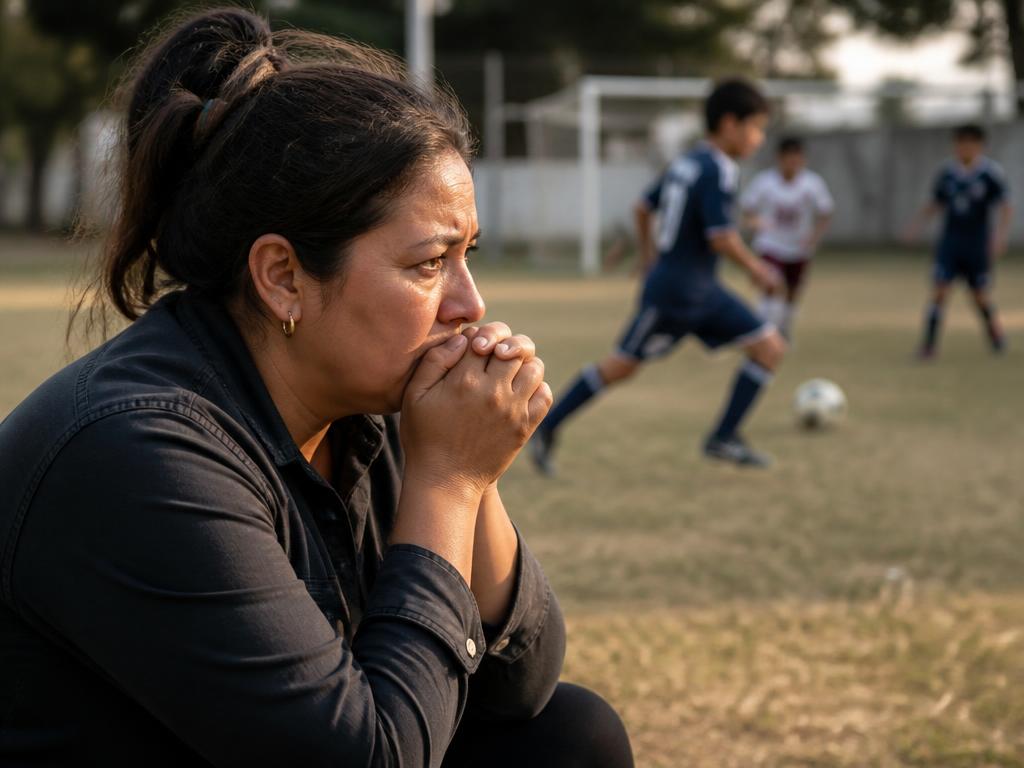 Madre siguiendo con atención el partido de su hijo desde el borde de la cancha