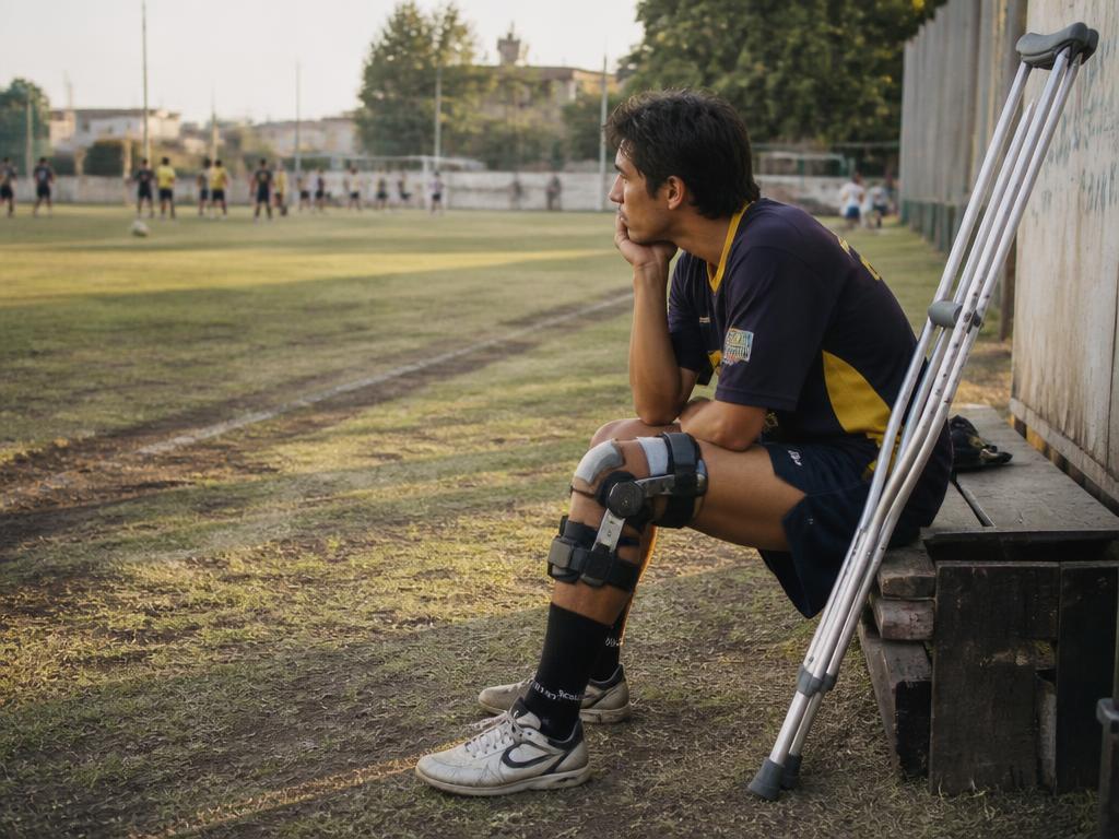 Deportista lesionado con rodillera y muletas mirando el entrenamiento desde el costado