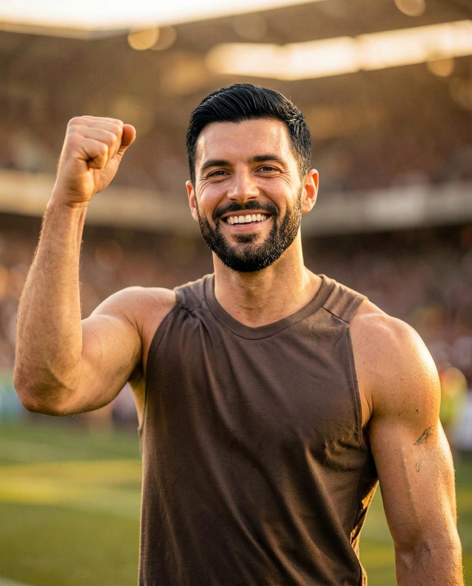 Deportista sonriendo y celebrando con el puño en alto en el estadio