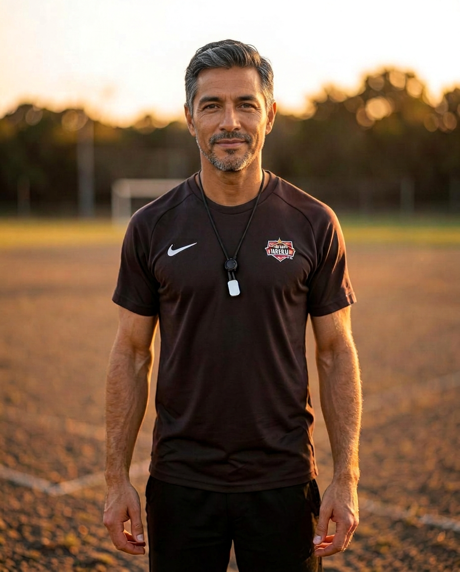 Entrenador tranquilo y en paz, sonriendo en la cancha al atardecer